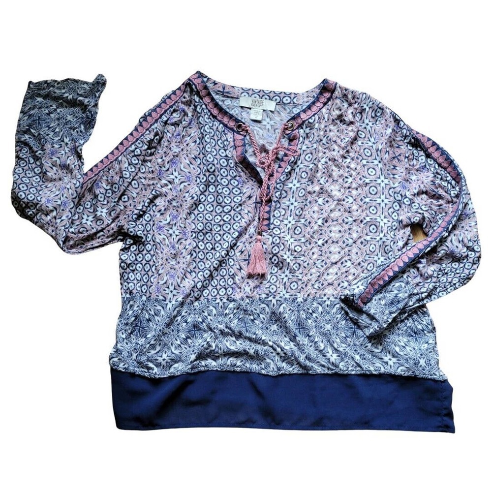 Vintage Havana Navy Blue And Pink Bohemian Printed Blouse Size Medium Tie Neck